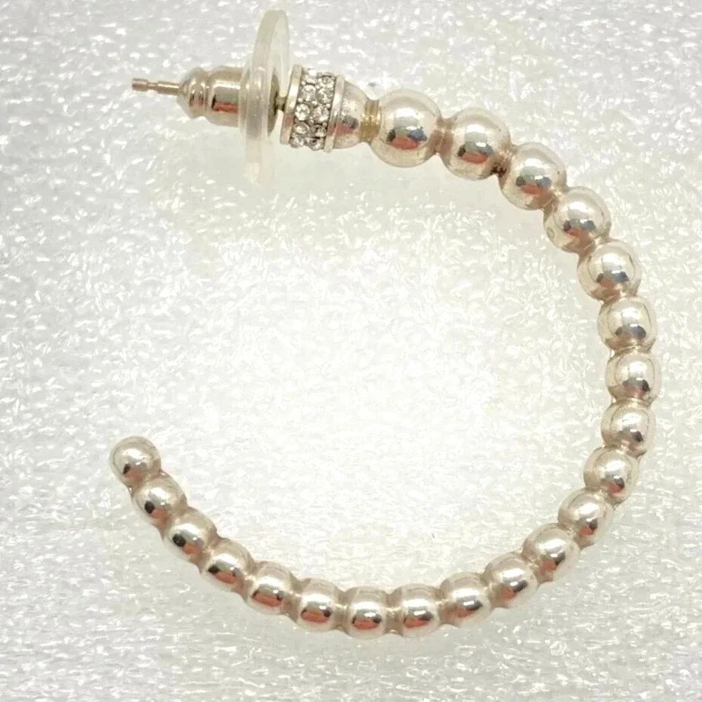 Silver Tone Beaded Open Hoop‎ Earrings Rhinestone Accent Womens Fashion Jewelry
